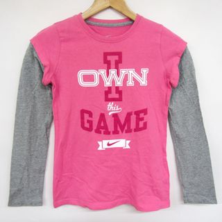 ナイキ(NIKE)のナイキ 長袖Tシャツ レイヤード風 スポーツウエア キッズ 女の子用 Mサイズ ピンク×グレー NIKE(Tシャツ/カットソー)