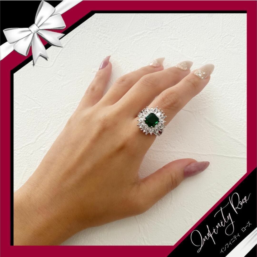 （R043SG）12号　グリーン豪華煌めく手元クリスタルワイドリング　爪留指輪 レディースのアクセサリー(リング(指輪))の商品写真