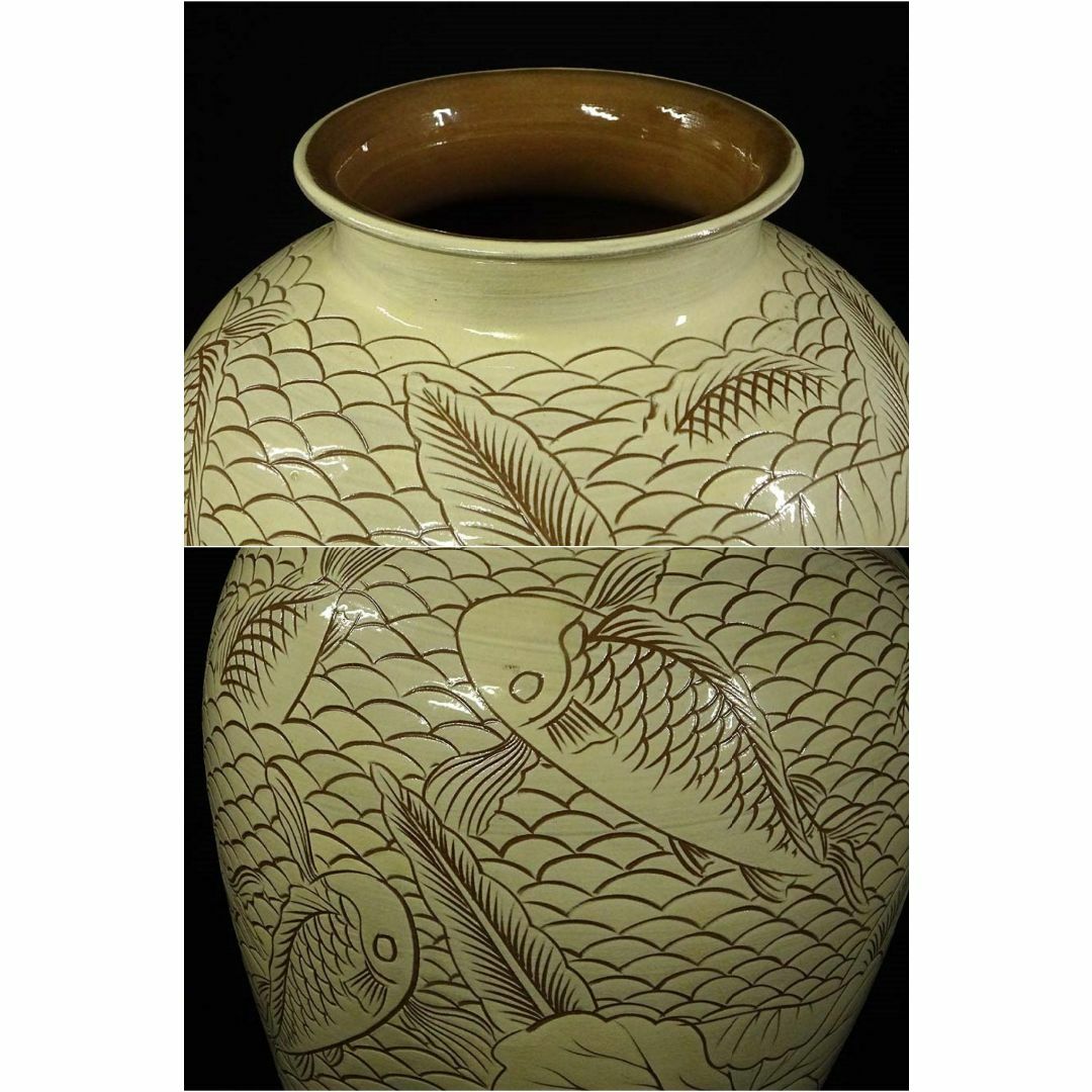 時代物 韓国美術 龍岩窯 鯉陰刻 花瓶 高約36cm 花器 箱付 c06193 時代物 韓国美術 龍岩窯 鯉陰刻 花瓶 高約36cm 花器 箱付 c06193