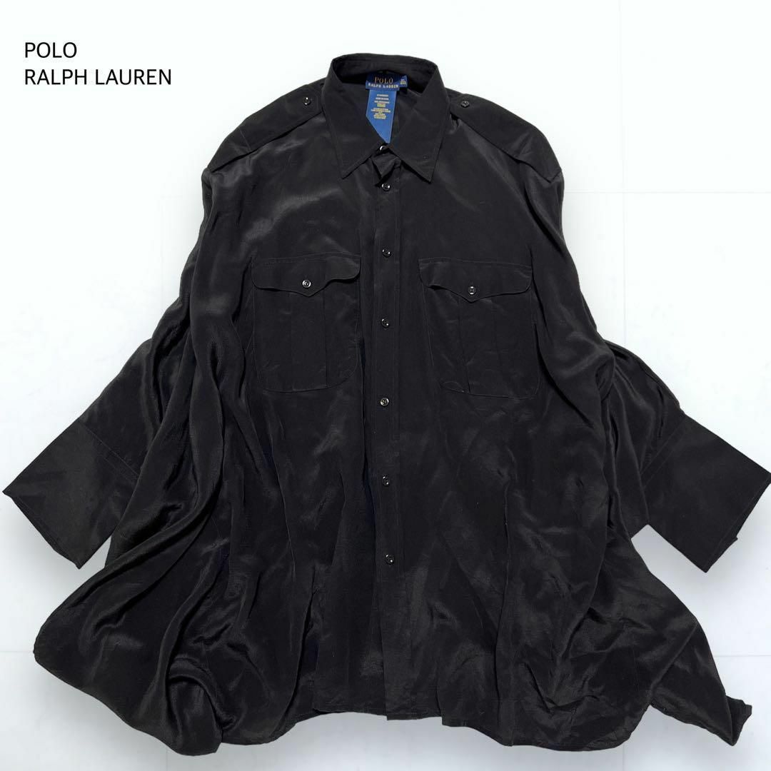 POLO RALPH LAUREN(ポロラルフローレン)の希少＊ポロラルフローレン シルク100% ポンチョ風 ロング ブラウス 黒 レディースのトップス(シャツ/ブラウス(長袖/七分))の商品写真