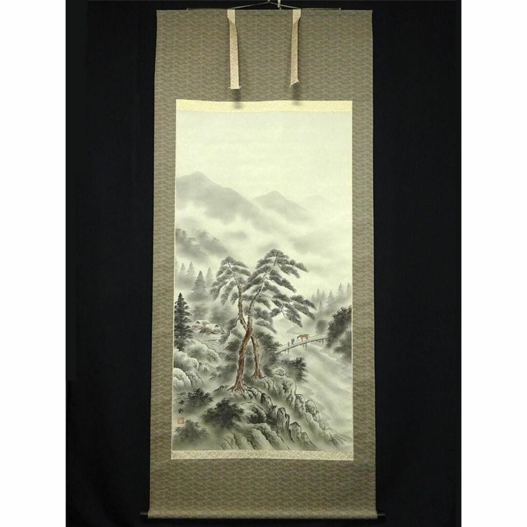 大幅掛軸 市郎『山村風景 山水図』日本画 絹本 肉筆 掛け軸 大幅掛軸 市郎『山村風景 山水図』日本画 絹本 肉筆 掛け軸