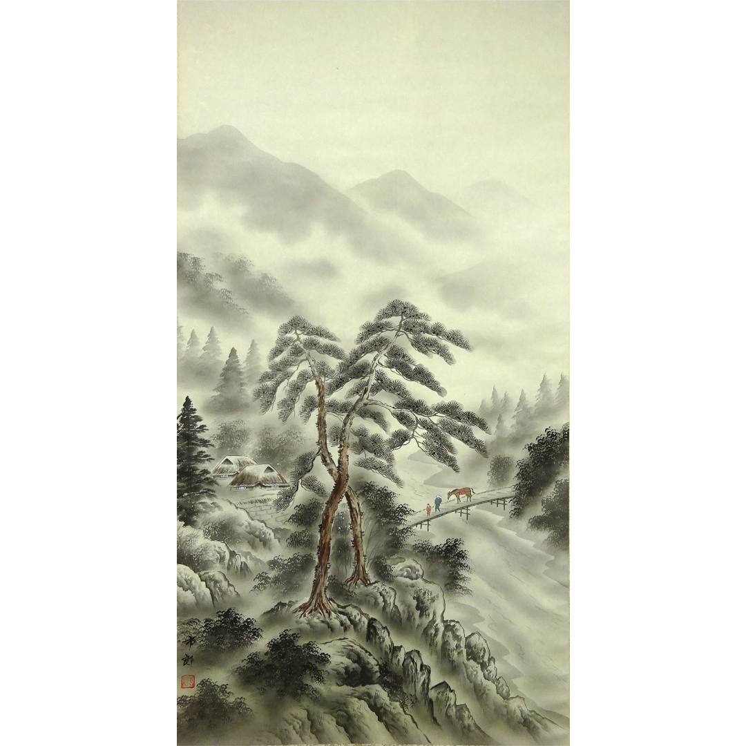 大幅掛軸 市郎『山村風景 山水図』日本画 絹本 肉筆 掛け軸 大幅掛軸 市郎『山村風景 山水図』日本画 絹本 肉筆 掛け軸