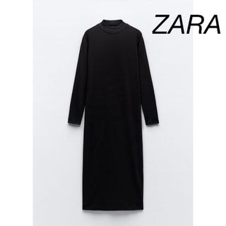 ザラ(ZARA)のZARAリブモックネックワンピース　Lサイズ　ブラック(ロングワンピース/マキシワンピース)