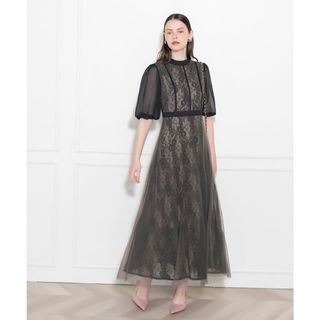 Leja - 【LEJA】異素材レースパフスリーブ切り替えウエストリボン美脚 Leja - 【LEJA】異素材レースパフスリーブ切り替えウエストリボン美脚