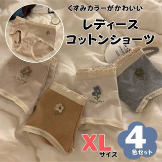 ショーツ レディース コットン 綿 XL 花 刺繍 くすみカラー 4色セット(ショーツ)