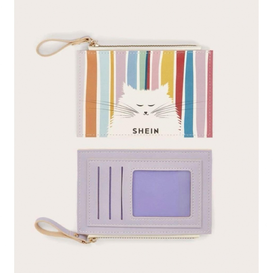 ◆新品未使用！SHEIN♡マルチ パスケース 猫 ストライプ◆紫 レディースのファッション小物(名刺入れ/定期入れ)の商品写真