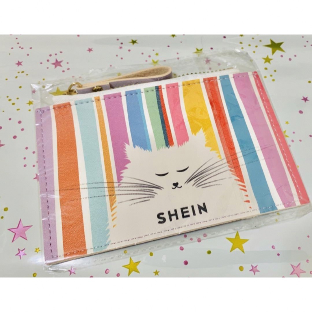 ◆新品未使用！SHEIN♡マルチ パスケース 猫 ストライプ◆紫 レディースのファッション小物(名刺入れ/定期入れ)の商品写真