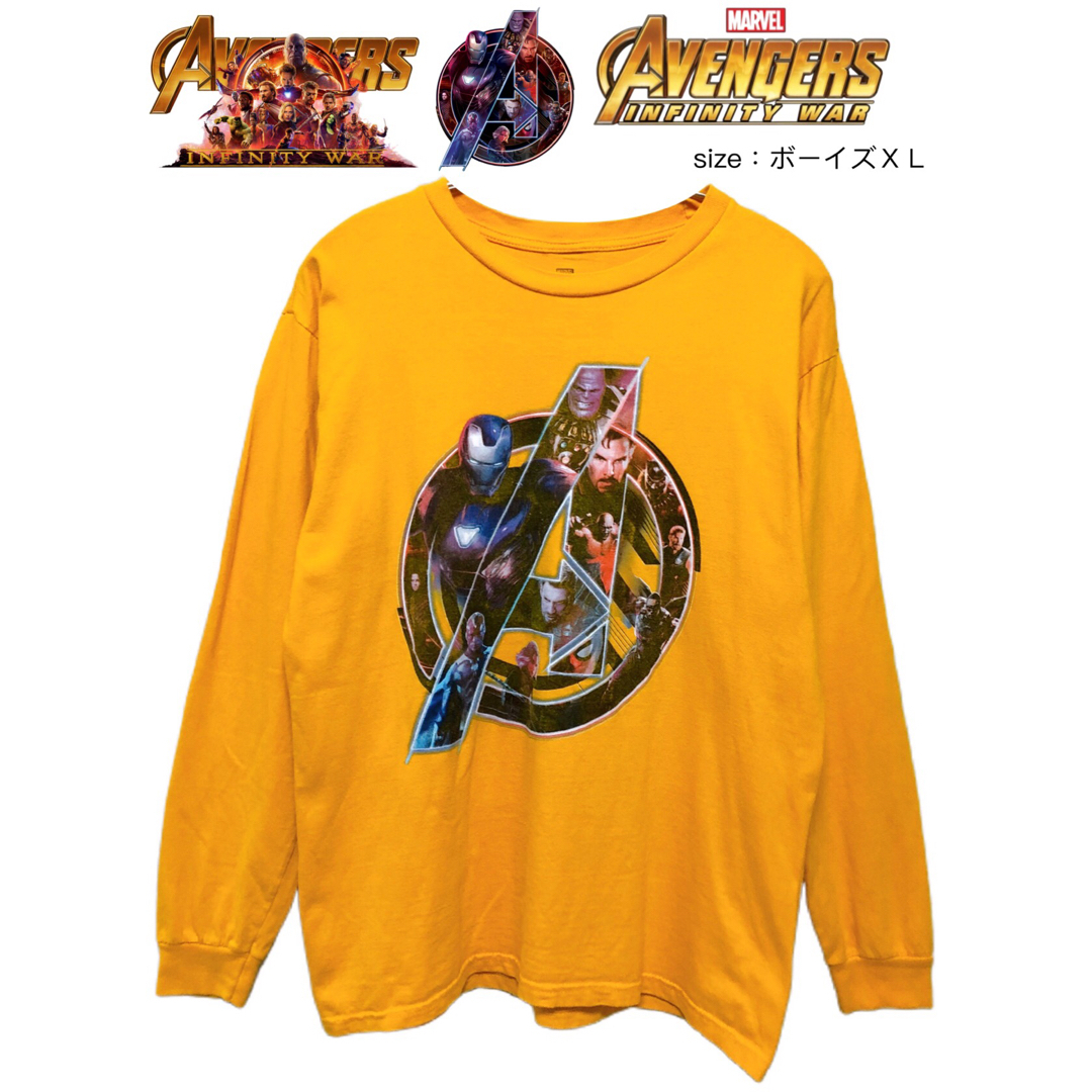 MARVEL(マーベル)のアベンジャーズ　インフィニティ・ウォー 　長袖Ｔ　ボーイズＸＬ　黄色　USA古着 キッズ/ベビー/マタニティのキッズ服男の子用(90cm~)(Tシャツ/カットソー)の商品写真