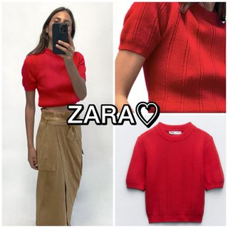 ザラ(ZARA)の最終値下げ★ZARA ニットクロップドセーター 半袖 ニット ショート丈 赤色(ニット/セーター)