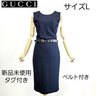 グッチ(Gucci)の【新品未使用タグ付き】グッチ　ベルト付き　ウール　膝丈　ノースリーブ　ワンピース(ひざ丈ワンピース)