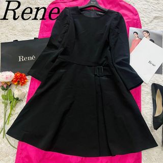 ルネ(René)の【美品】Rene 膝丈フレアワンピース ブラック 32 ベルト 長袖(ひざ丈ワンピース)