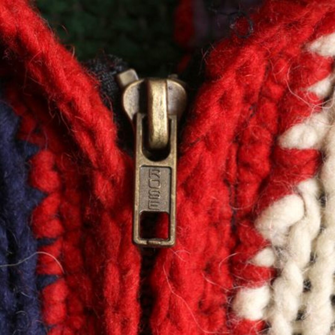 手編み エクアドル製 フルジップ ウール ハンド ニット カーディガン メンズ レディース XL 程/ 古着 ハンドメイド 厚手 カウチン セーター メンズのトップス(カーディガン)の商品写真