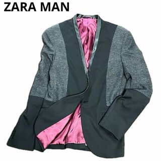 ザラ(ZARA)のZARA MAN ノーカラー 切替 テーラードジャケット ブラック シングル(テーラードジャケット)
