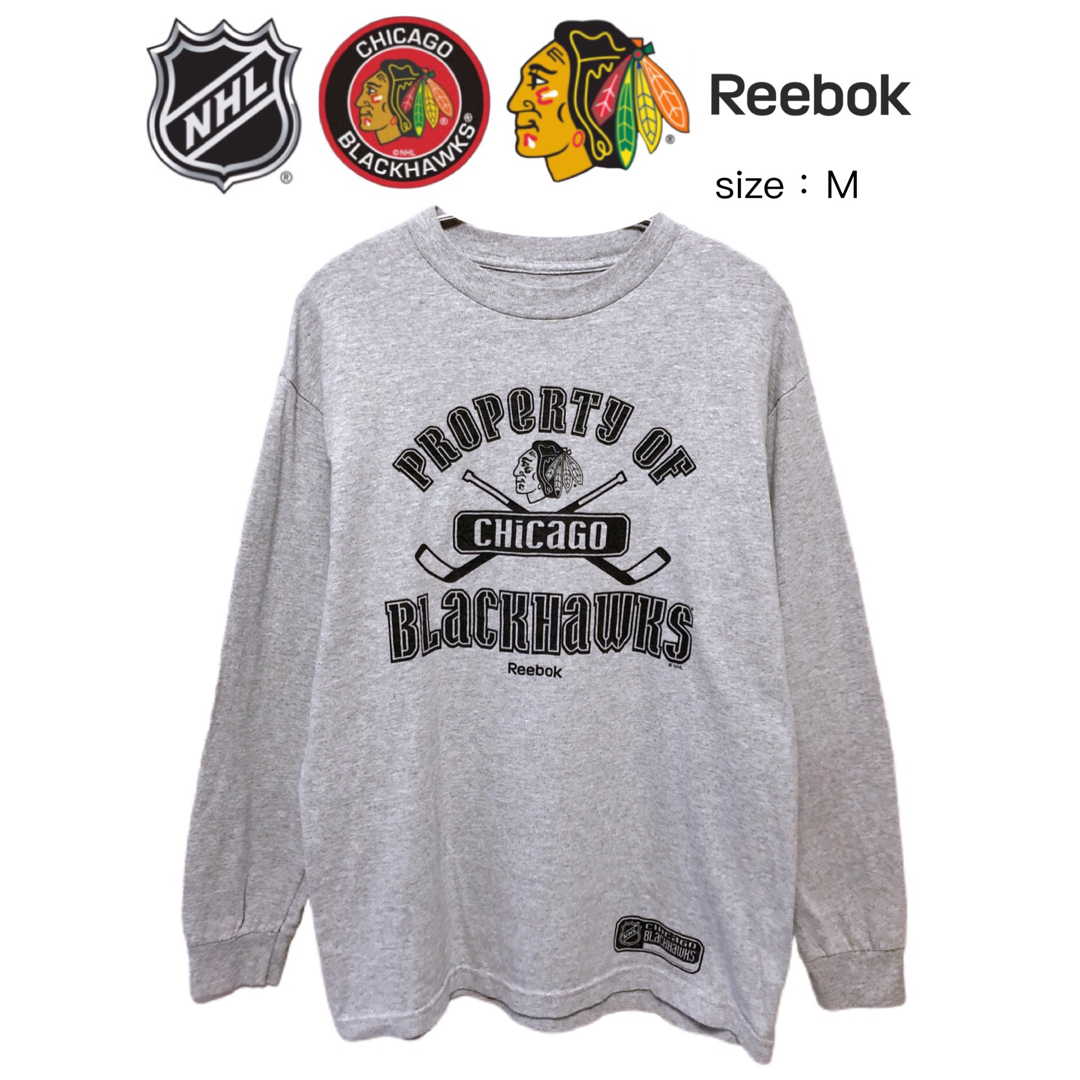 Reebok(リーボック)のNHL　シカゴ・ブラックホークス　長袖Ｔシャツ　Ｍ　グレー　USA古着 メンズのトップス(Tシャツ/カットソー(七分/長袖))の商品写真