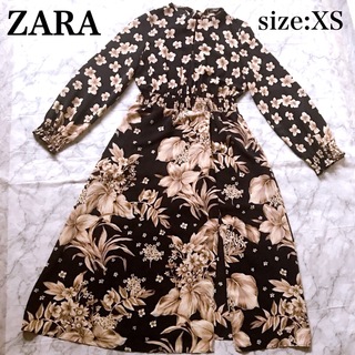 ザラ(ZARA)のZARA 上品 ウエストシャーリング花柄ワンピース XS ロング丈 バックリボン(ロングワンピース/マキシワンピース)