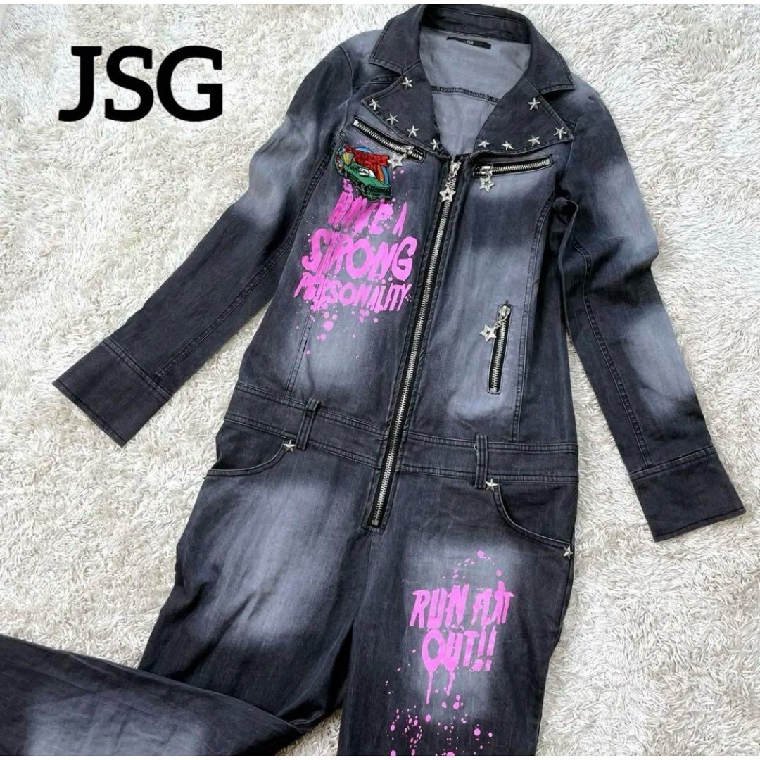 JSG(ジェーエスジー)の美品✨JSG デニム つなぎ ロック バックプリント オールインワン スタッズ レディースのパンツ(オールインワン)の商品写真