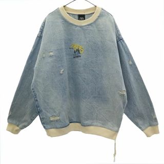 ザラ(ZARA)のザラ プリント 長袖 デニム トレーナー S ブルー ZARA スウェット メンズ 古着 【240205】(スウェット)