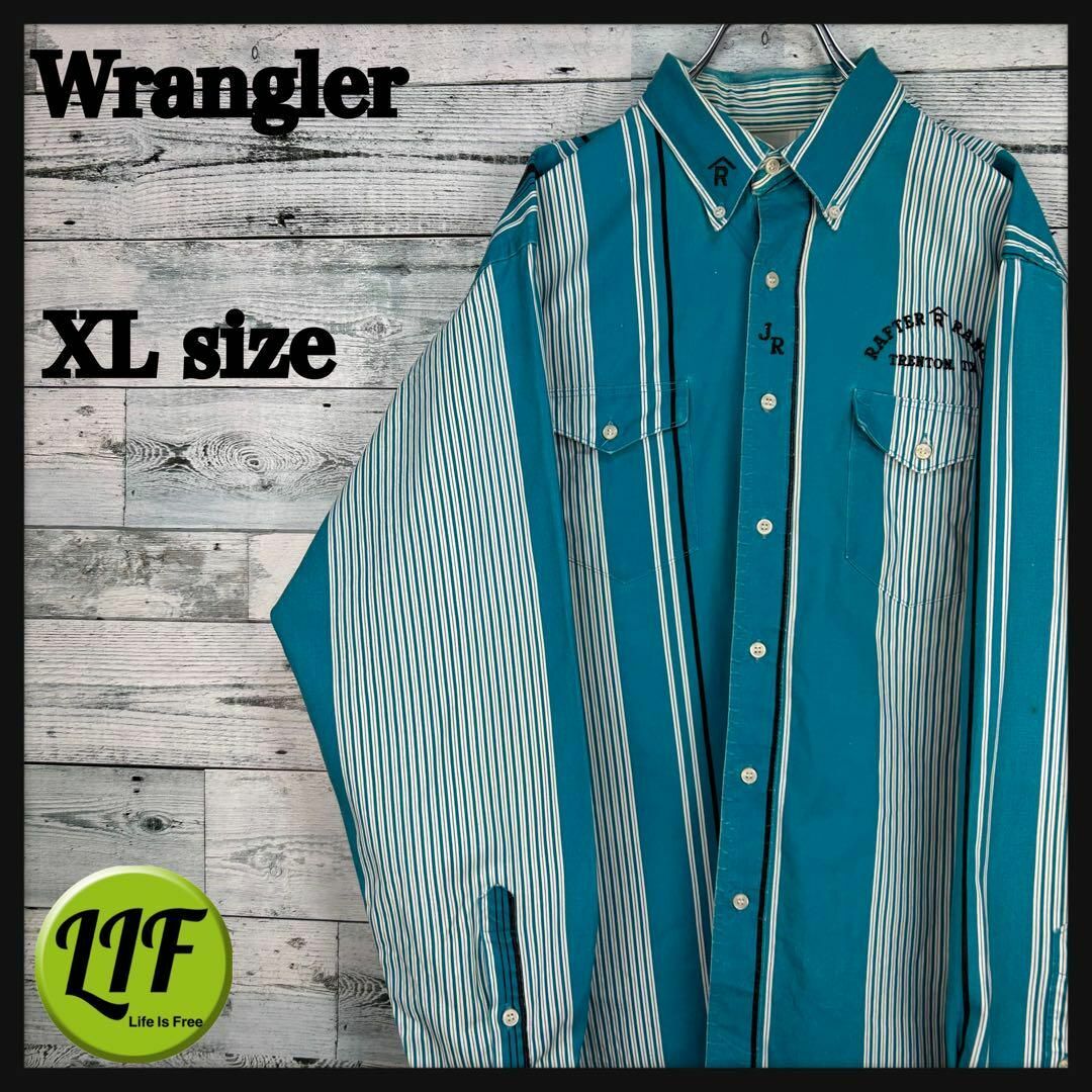 Wrangler(ラングラー)のラングラー 刺繍企業ロゴ 長袖 BDシャツ ストライプ 緑白黒 XL メンズのトップス(シャツ)の商品写真