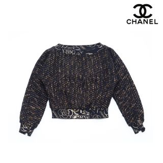 58cm肩幅美品◎正規 UK製 CHANEL シャネル 96A P08176 レディース バックココマーク カシミヤ100％ ハーフジップ MIXニットプルオーバー 黒×白 42