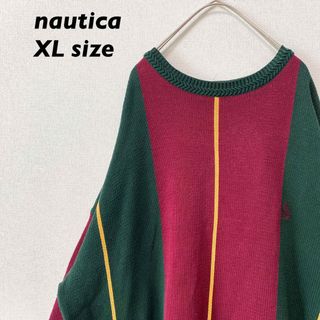 ノーティカ(NAUTICA)のノーティカ　ニット　セーター　無地　刺繍ロゴ　バイカラー　男女兼用　XLサイズ(ニット/セーター)