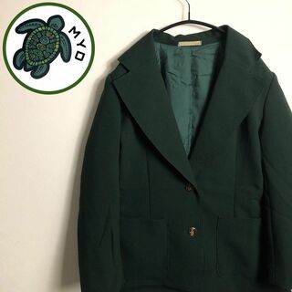 テーラードジャケット おしゃれボタン グリーン 緑 ダブルポケット レトロ 古着(テーラードジャケット)