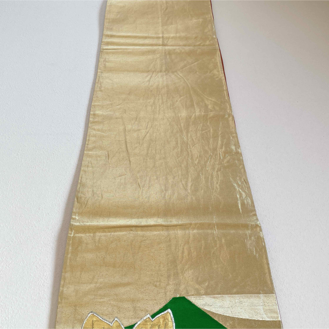 帯　袋帯　六通柄　扇　桐　緑　金　金銀糸　朱色 レディースの水着/浴衣(帯)の商品写真