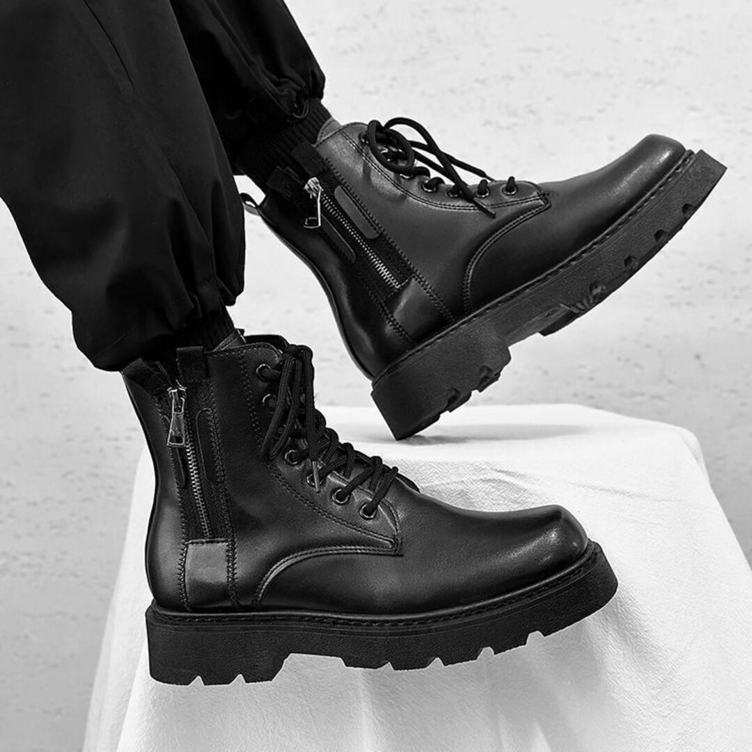 27cm/身長UPシークレットブーツシューズ厚底メンズブラック革靴レザー黒男性L メンズの靴/シューズ(ブーツ)の商品写真