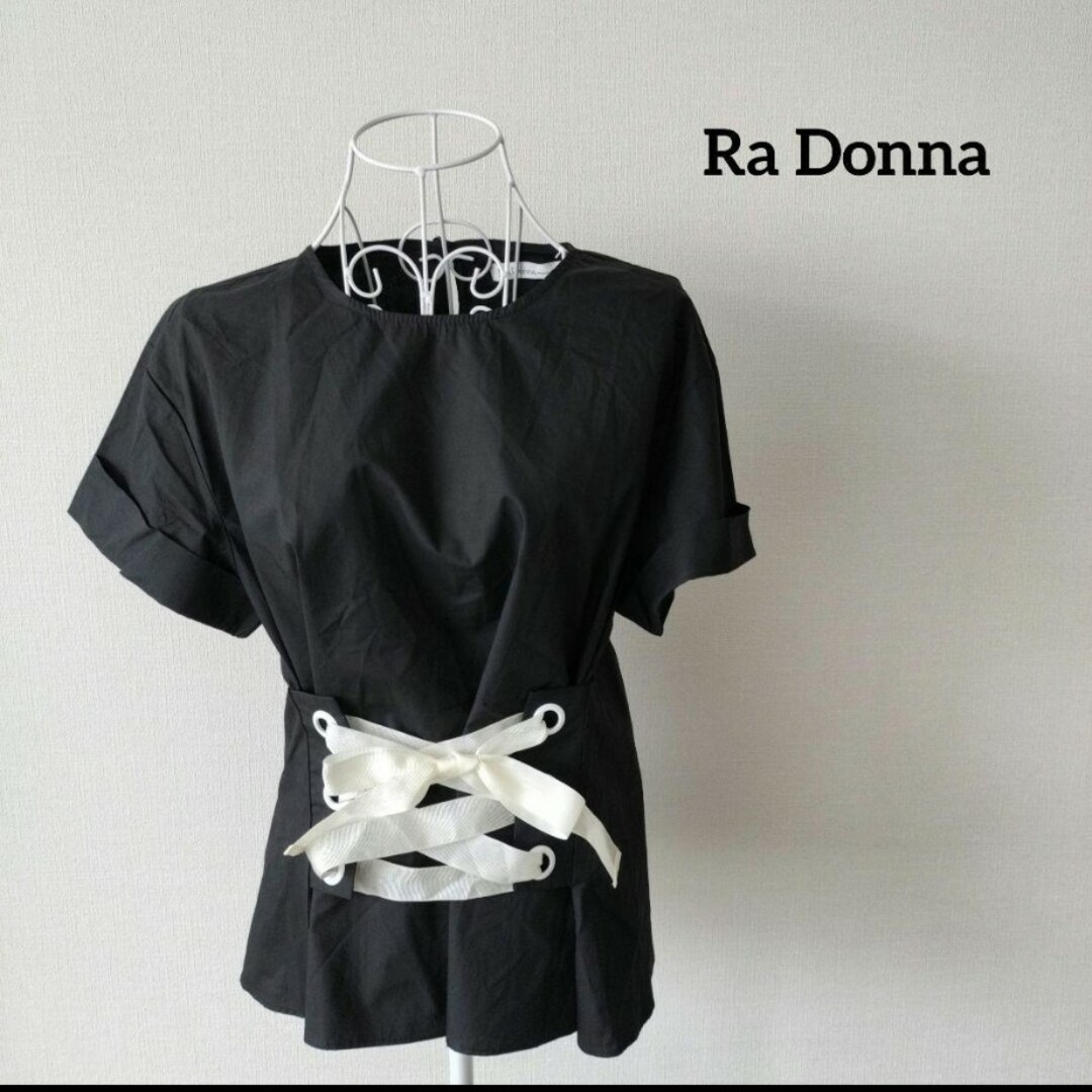 【送料無料】Ra Donna ブラック シャツ カットソー ブラウス リボン レディースのトップス(シャツ/ブラウス(半袖/袖なし))の商品写真