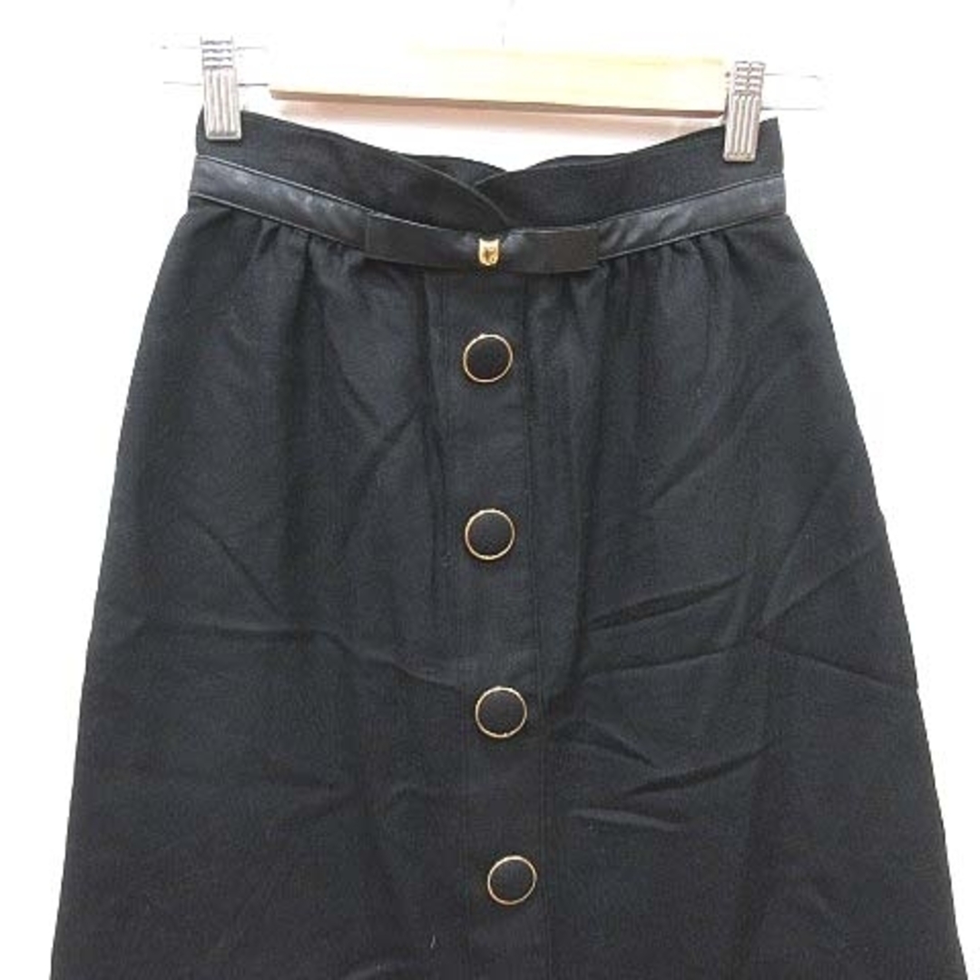 QUEENS COURT(クイーンズコート)のクイーンズコート 台形スカート ひざ丈 ウール パイピング リボン ボタン 黒 レディースのスカート(ひざ丈スカート)の商品写真