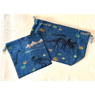 ハンドメイド☆お弁当袋&コップ袋☆ブルー恐竜(ランチボックス巾着)