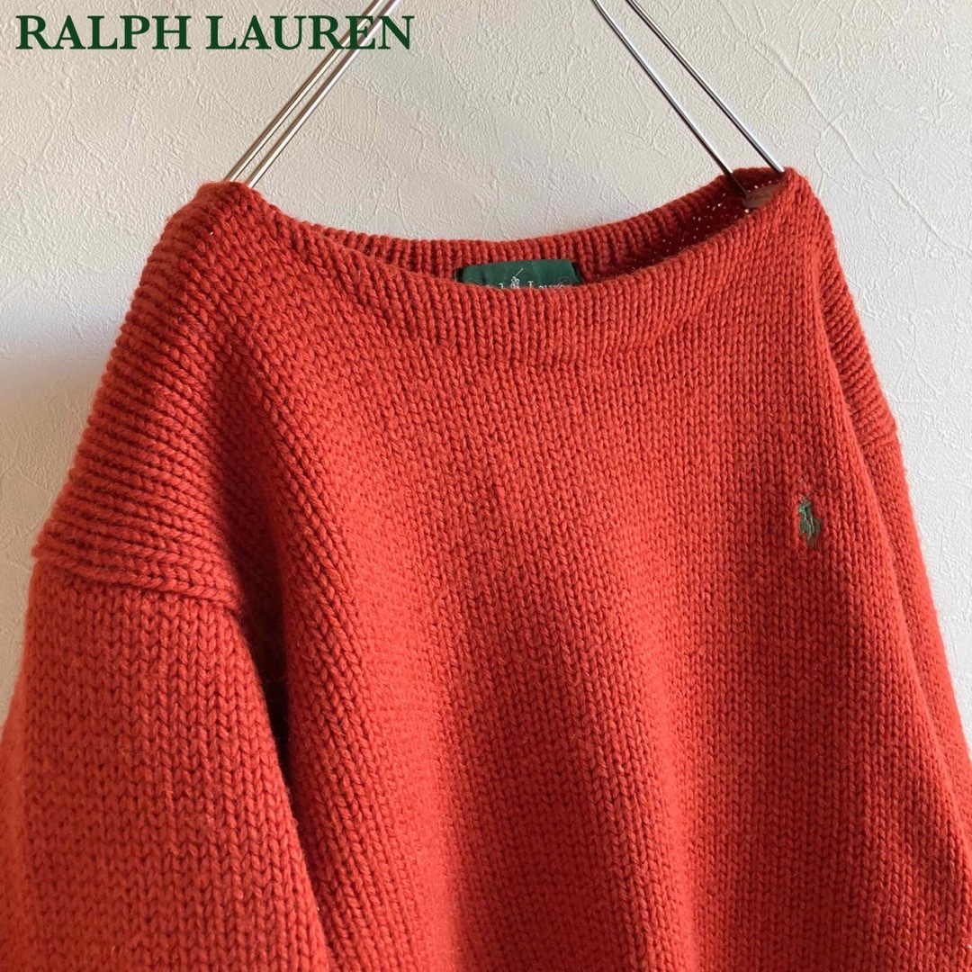 Ralph Lauren(ラルフローレン)の80s ビンテージ ラルフローレン ロゴ刺繍 ローゲージ ニット セーター 朱赤 レディースのトップス(ニット/セーター)の商品写真