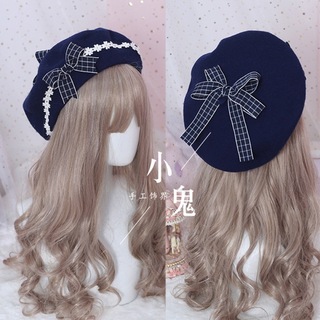 ベレー帽 リボン 白 紺 レース 姫 ロリータ 姫ロリ 甘ロリ 量産型 チェック(ハンチング/ベレー帽)