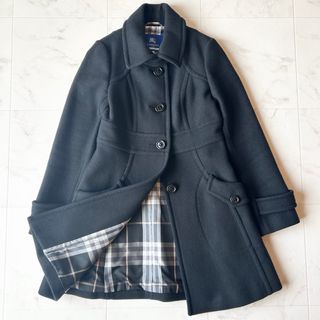 バーバリーブルーレーベル(BURBERRY BLUE LABEL)のBURBERRY  アンゴラ混ロングコート　BLACK黒　裏地チェック柄　38(ロングコート)