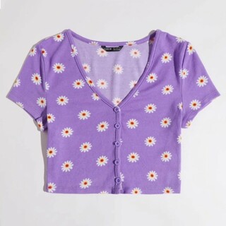 シーイン(SHEIN)のVネック Tシャツ ブラウス ボタンフロント 花柄 デイジー 紫 パープル(Tシャツ(半袖/袖なし))