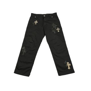 クロムハーツ(Chrome Hearts)のCHROME HEARTS クロムハーツ カーペンターロングパンツ ダブルニー ブラック クロスパッチ レオパード シルバー925 サイズ36 美品 中古 60041(ワークパンツ/カーゴパンツ)