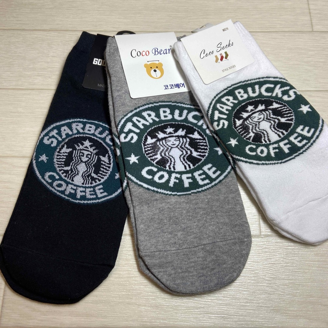 Starbucks(スターバックス)の韓国靴下☆レディースソックス☆スターバックス☆黒白グレー☆３色セット レディースのレッグウェア(ソックス)の商品写真