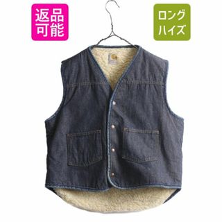 SALE///// 70年代 Carhartt カーハート デニムベスト ワーク 裏地ボア ブルー (メンズ L)  P3207約63cm身幅