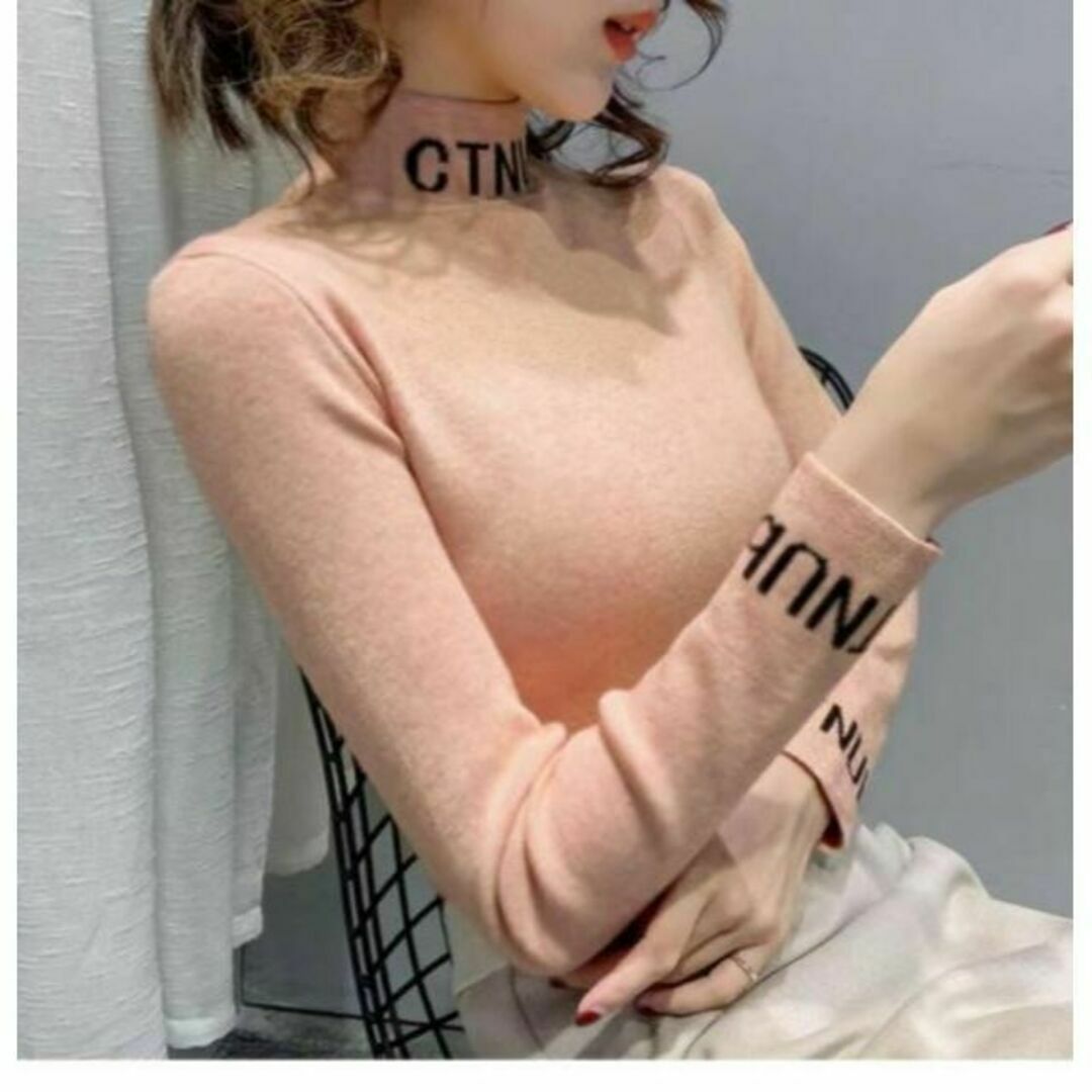 ピンクL　かっこいいロゴがクール！タートルネックニット♡韓国インポート セーター レディースのトップス(ニット/セーター)の商品写真