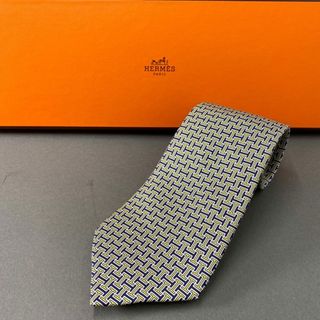 エルメス(Hermes)の39b6-3 HERMES エルメス Hロゴ シルクネクタイ ビジネス イエロー ネイビー フォーマル SILK フランス製 5437FA(ネクタイ)