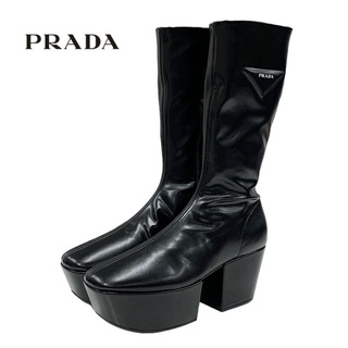 プラダ(PRADA)のプラダ PRADA ブーツ ロングブーツ ミドルブーツ 靴 シューズ ロゴ プラットフォーム レザー ブラック 黒(ブーツ)