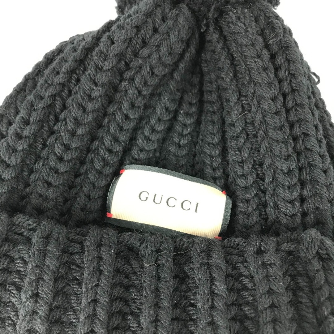 Gucci(グッチ)のグッチ GUCCI ロゴ 652656 ポンポン付き ビーニー 帽子 ニット帽 ニットキャップ ニット帽 ポリエステル ブラック 美品 レディースの帽子(ニット帽/ビーニー)の商品写真