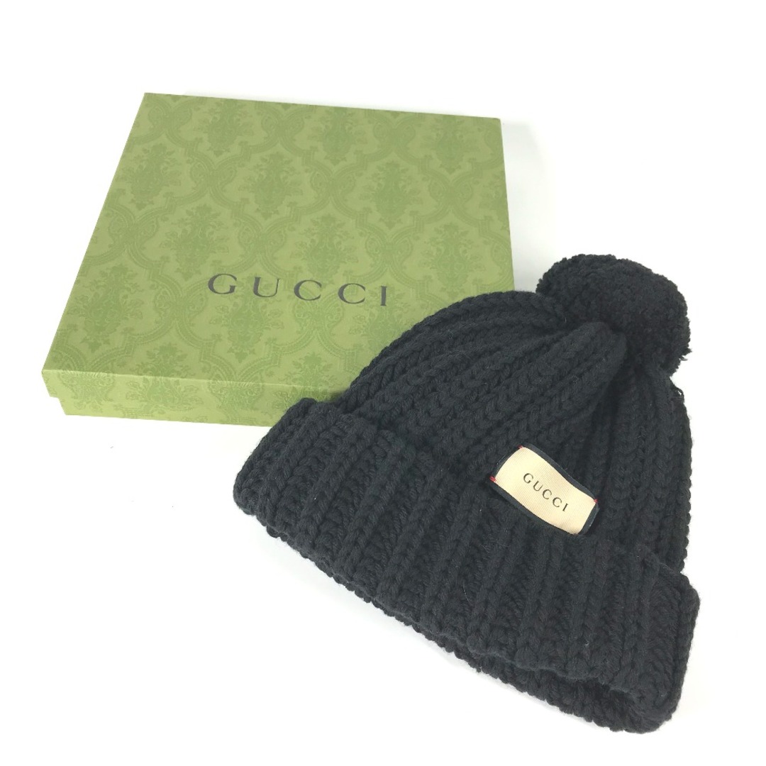 Gucci(グッチ)のグッチ GUCCI ロゴ 652656 ポンポン付き ビーニー 帽子 ニット帽 ニットキャップ ニット帽 ポリエステル ブラック 美品 レディースの帽子(ニット帽/ビーニー)の商品写真