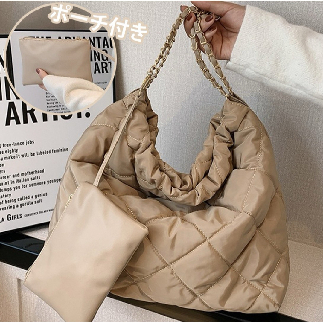 新品バッグ ベージュ トートバッグ キルティングバッグ チェーンバッグ ナイロン レディースのバッグ(トートバッグ)の商品写真