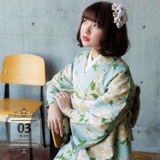 KIMONOMACHI - 洗える着物 袷着物 桜 水色 KIMONOMACHI 浴衣 サイズTL