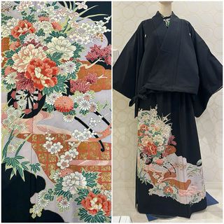 着物リメイク 黒留袖 紋付 豪華花柄 ショート丈羽織 ロングスカート(セット/コーデ)