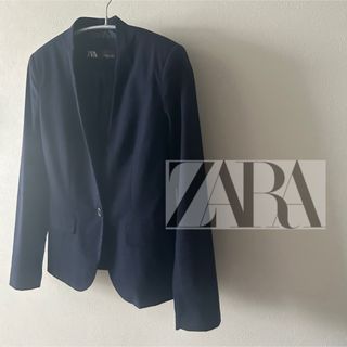 ザラ(ZARA)のZARA ネイビー　チェック　ノーカラージャケット(ノーカラージャケット)