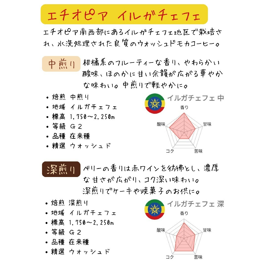 エチオピア イルガチェフェ 200g  自家焙煎 コーヒー豆 珈琲豆 食品/飲料/酒の飲料(コーヒー)の商品写真