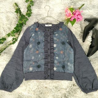 ルネ(René)のReneルネ◎上質ニットカーディガン(S)宇宙柄 WOOL ボリューム袖 フリル(カーディガン)