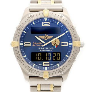 ブライトリング(BREITLING)の電池交換済 BREITLING ブライトリング エアロスペース パトロイユドフランス 限定1953本 クロノグラフ F56062 デイト 100m防水 青 ブルー YG イエローゴールド TI チタン メンズ デジアナ クォーツ【6ヶ月保証】【腕時計】【中古】(腕時計(アナログ))