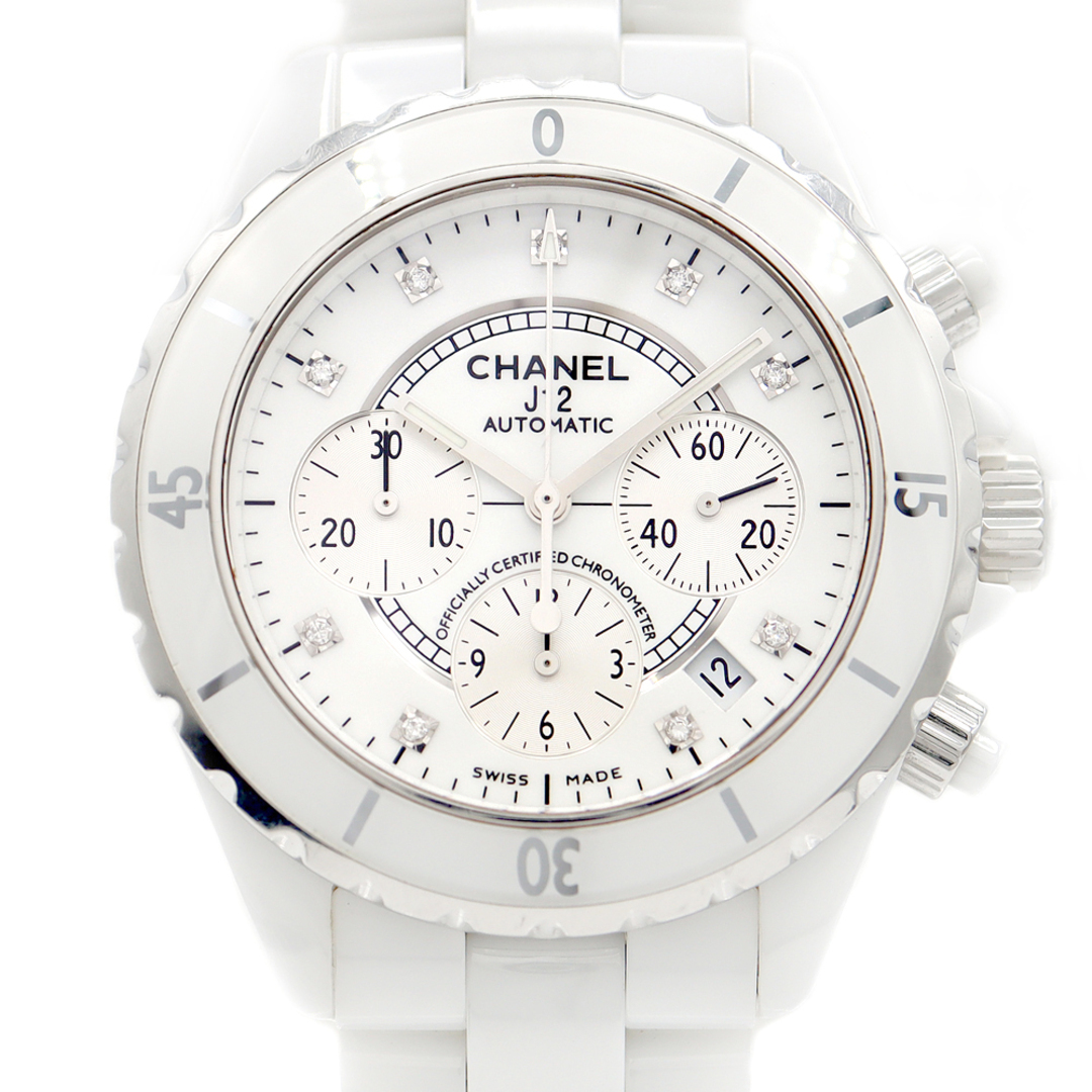 CHANEL(シャネル)の内部点検済 CHANEL シャネル J12 クロノグラフ 41mm 9Pダイヤ H2009 純正ダイヤモンド デイト スモールセコンド 200m防水 白 ホワイト SS ステンレス CE セラミック メンズ 自動巻き【6ヶ月保証】【腕時計】【中古】 メンズの時計(腕時計(アナログ))の商品写真